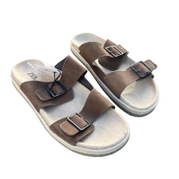 Zara Sandals Men Double Buckle Strap Flat Size US 9 EU 42 Brown Slip On Slides main image 4